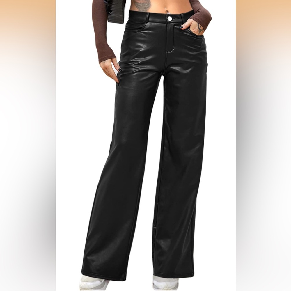 Women's Black faux leather Wide-Leg Pants